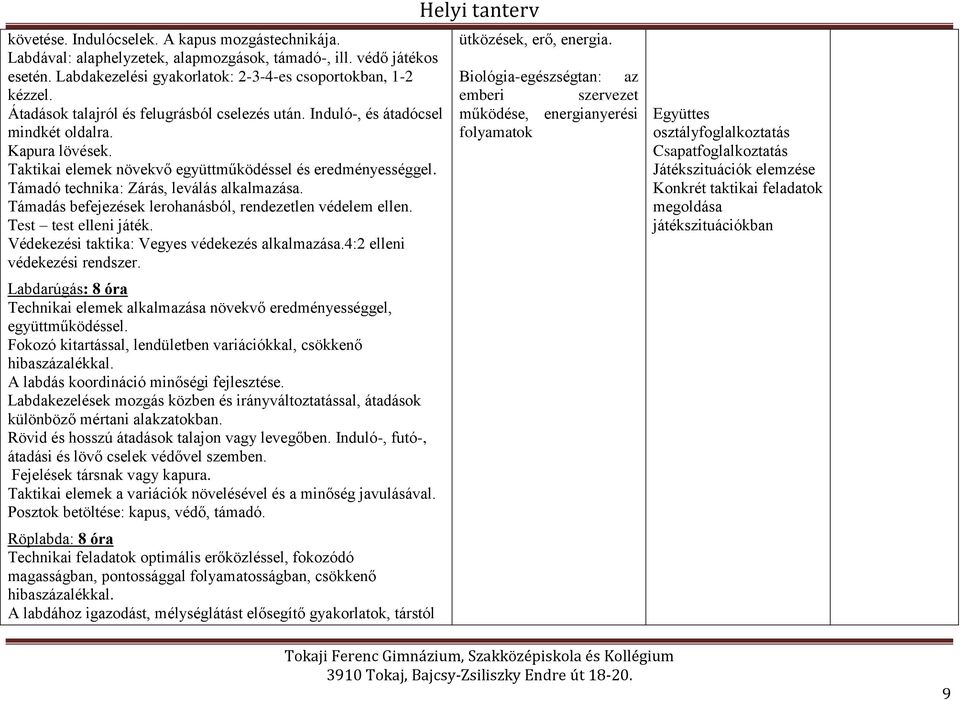 Támadó technika: Zárás, leválás alkalmazása. Támadás befejezések lerohanásból, rendezetlen védelem ellen. Test test elleni játék. Védekezési taktika: Vegyes védekezés alkalmazása.