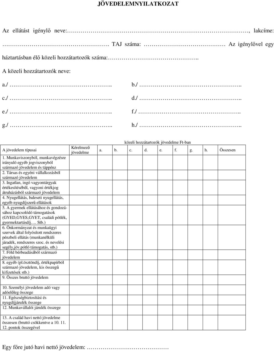 Ingatlan, ingó vagyontárgyak értékesítésébıl, vagyoni értékjog átruházásból származó jövedelem 4. Nyugellátás, baleseti nyugellátás, egyéb nyugdíjszerő ellátások 5.