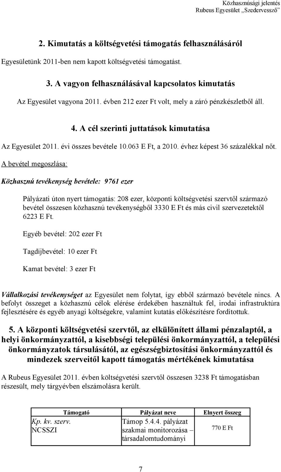 A bevétel megoszlása: Közhasznú tevékenység bevétele: 9761 ezer Pályázati úton nyert támogatás: 208 ezer, központi költségvetési szervtől származó bevétel összesen közhasznú tevékenységből 3330 E Ft