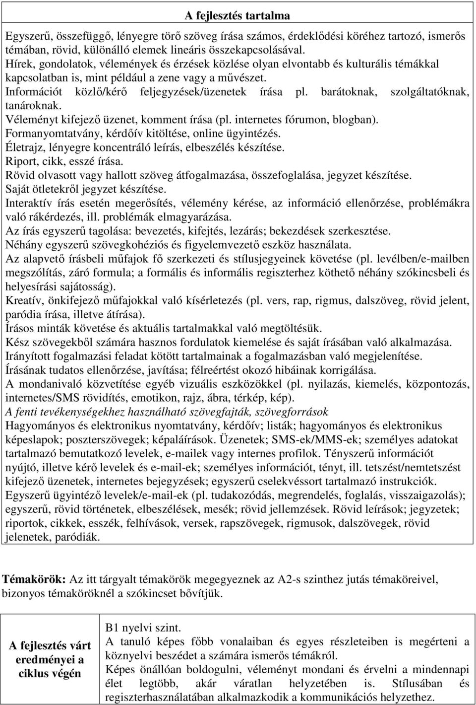 barátoknak, szolgáltatóknak, tanároknak. Véleményt kifejező üzenet, komment írása (pl. internetes fórumon, blogban). Formanyomtatvány, kérdőív kitöltése, online ügyintézés.