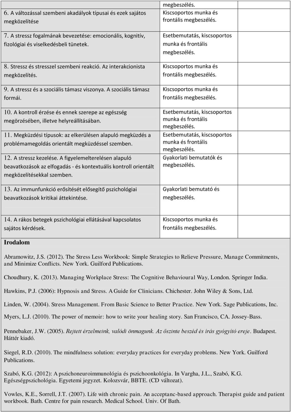A kontroll érzése és ennek szerepe az egészség megörzésében, illetve helyreállításában. 11. Megküzdési típusok: az elkerülésen alapuló megküzdés a problémamegoldás orientált megküzdéssel szemben. 12.