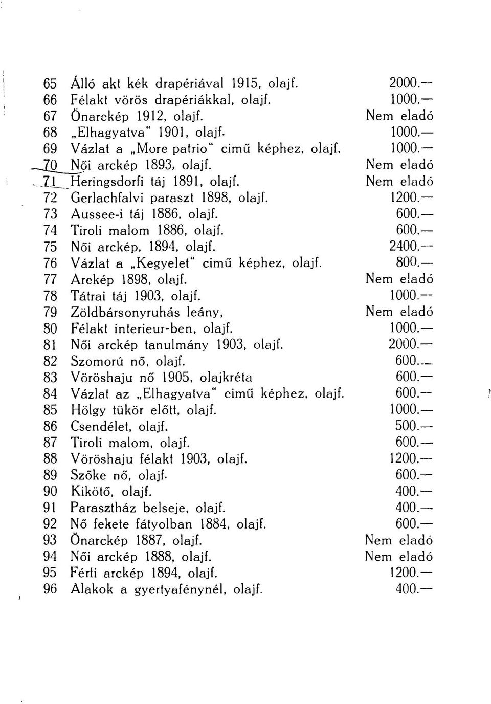 2400 76 Vázlat a Kegyelet" cimű képhez, olajf. 800.- 77 Arckép 1898, olajf. Nem eladó 78 Tátrai táj 1903, olajf. 1000 79 Zöldbársonyruhás leány, Nem eladó 80 Félakt interieur-ben, olajf. 1000.- 81 Női arckép tanulmány 1903, olajf.