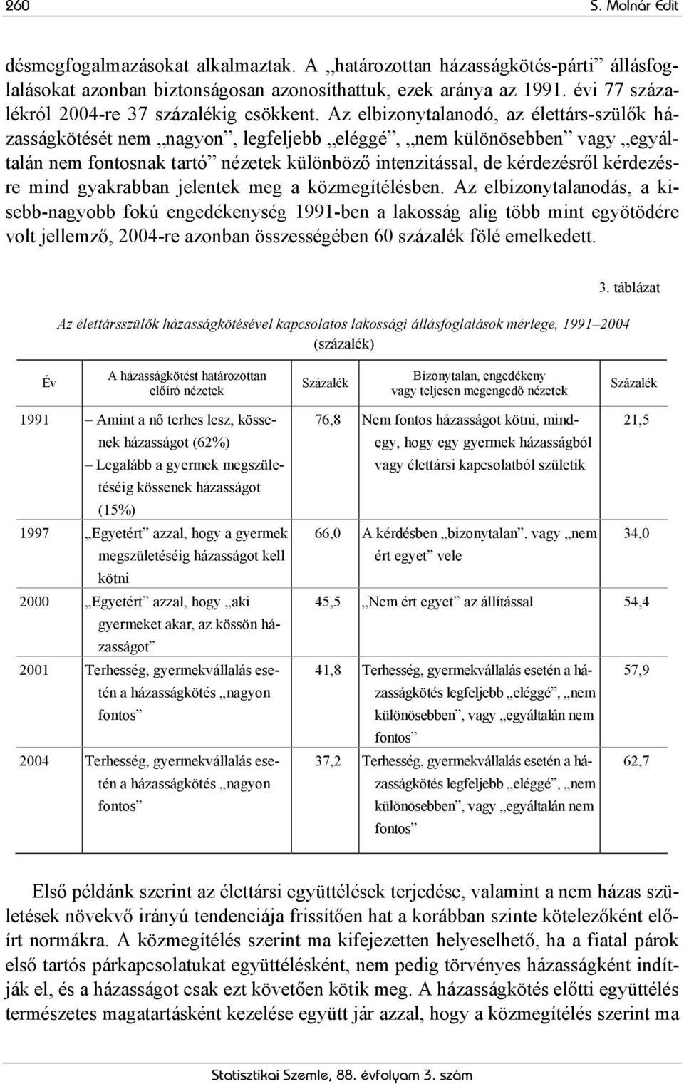 Az elbizonytalanodó, az élettárs-szülők házasságkötését nem nagyon, legfeljebb eléggé, nem különösebben vagy egyáltalán nem fontosnak tartó nézetek különböző intenzitással, de kérdezésről kérdezésre
