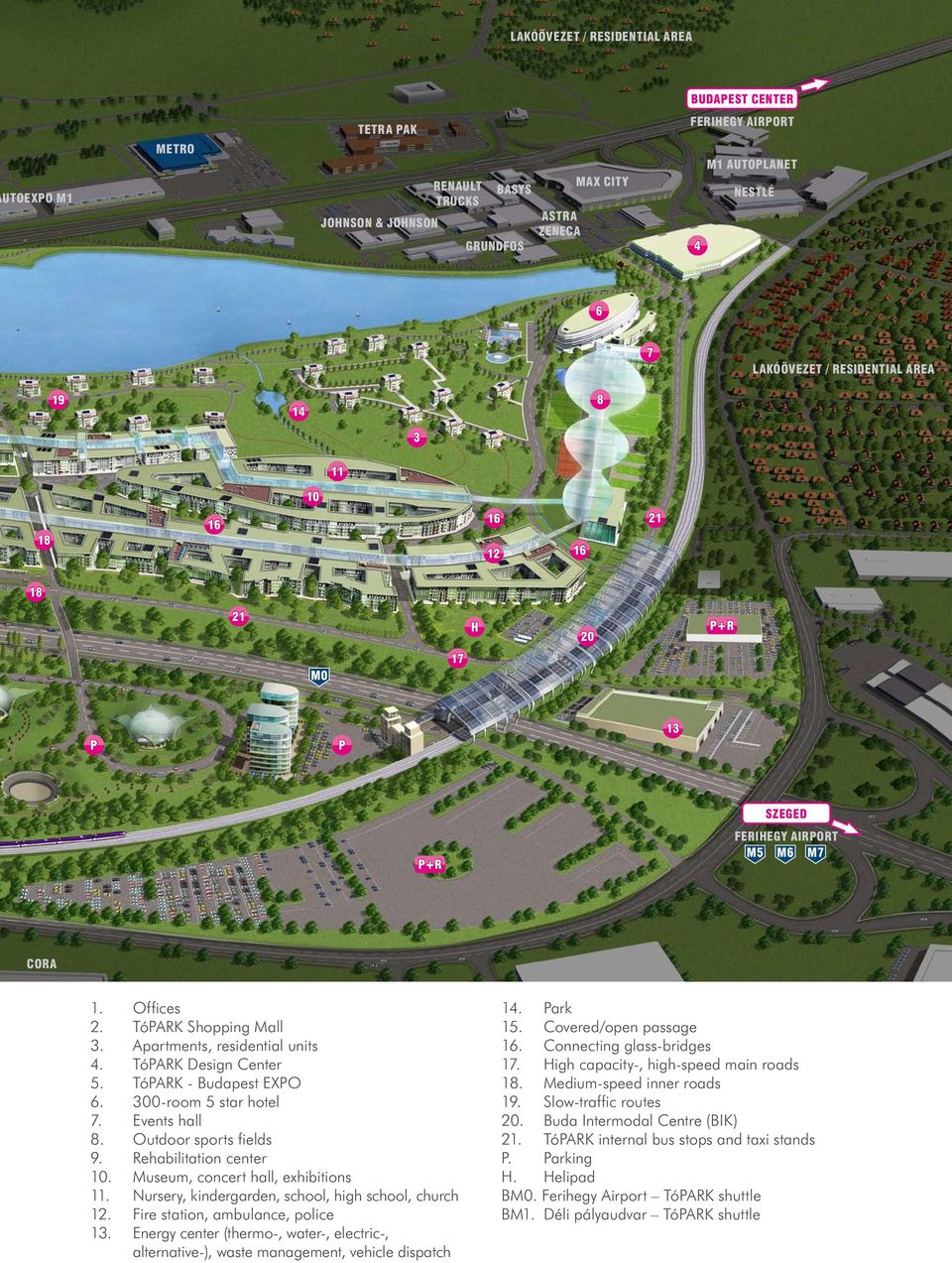 TóPARK Design Center 5. TóPARK - Budapest EXPO 6. 300-room 5 star hotel 7. Events hall 8. Outdoor sports fields 9. Rehabilitation center 10. Museum, concert hall, exhibitions 11.