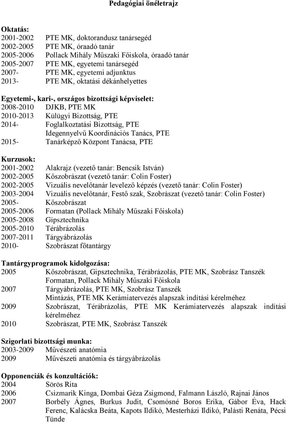 Bizottság, PTE Idegennyelvű Koordinációs Tanács, PTE 2015- Tanárképző Központ Tanácsa, PTE Kurzusok: 2001-2002 Alakrajz (vezető tanár: Bencsik István) 2002-2005 Kőszobrászat (vezető tanár: Colin
