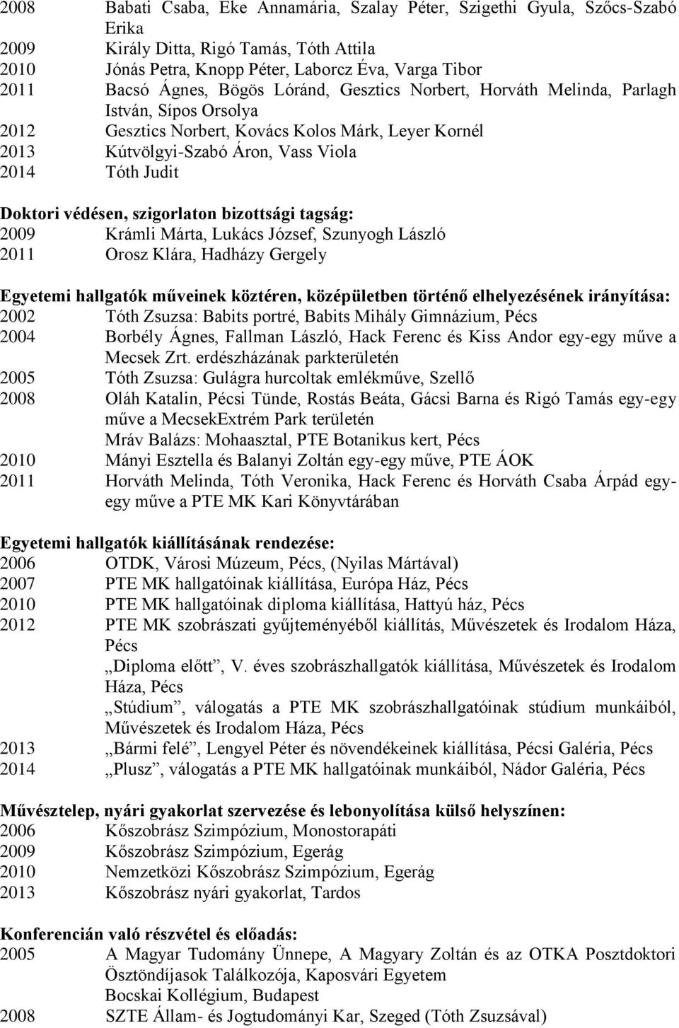 védésen, szigorlaton bizottsági tagság: 2009 Krámli Márta, Lukács József, Szunyogh László 2011 Orosz Klára, Hadházy Gergely Egyetemi hallgatók műveinek köztéren, középületben történő elhelyezésének