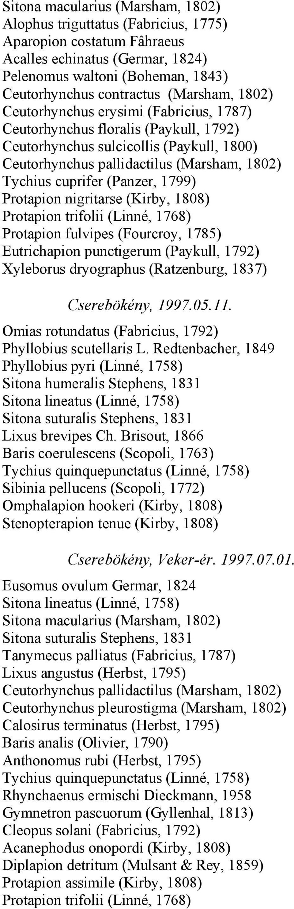(Kirby, 1808) Protapion trifolii (Linné, 1768) Protapion fulvipes (Fourcroy, 1785) Xyleborus dryographus (Ratzenburg, 1837) Cserebökény, 1997.05.11.