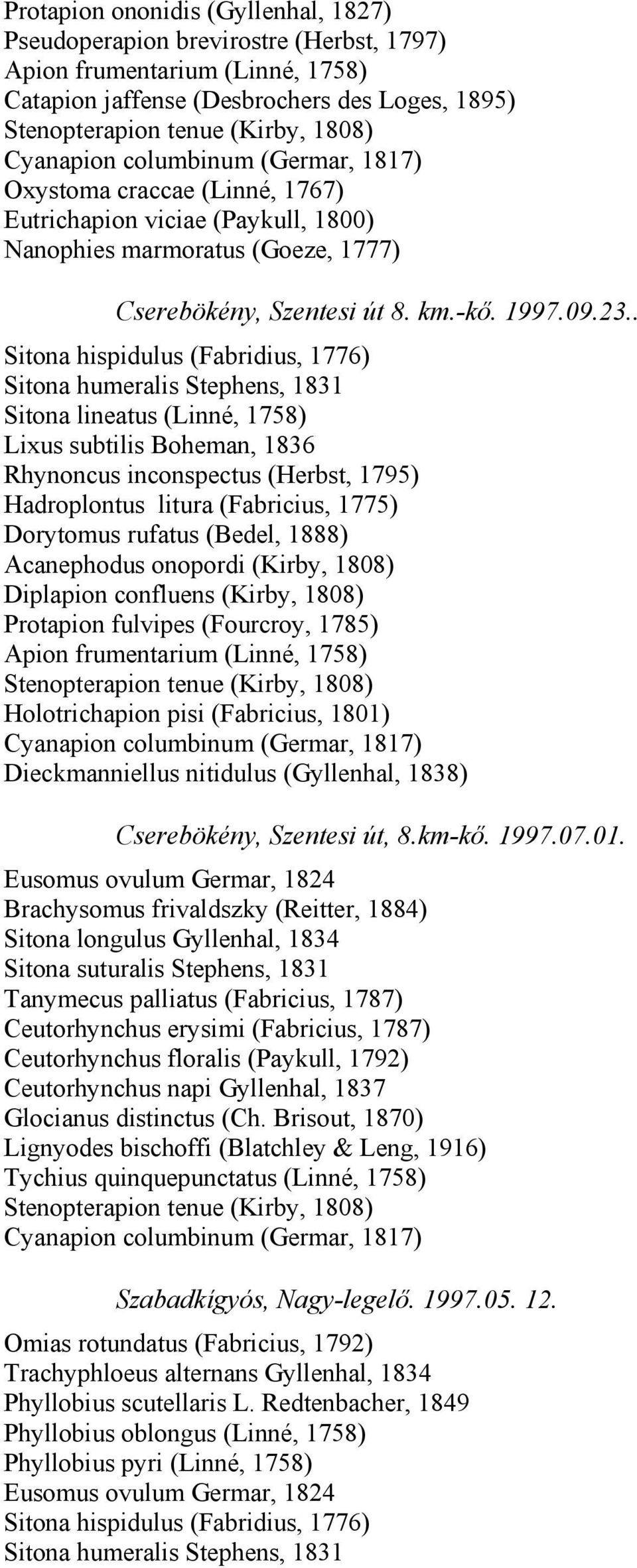 . Sitona hispidulus (Fabridius, 1776) Lixus subtilis Boheman, 1836 Rhynoncus inconspectus (Herbst, 1795) Hadroplontus litura (Fabricius, 1775) Dorytomus rufatus (Bedel, 1888) Diplapion confluens