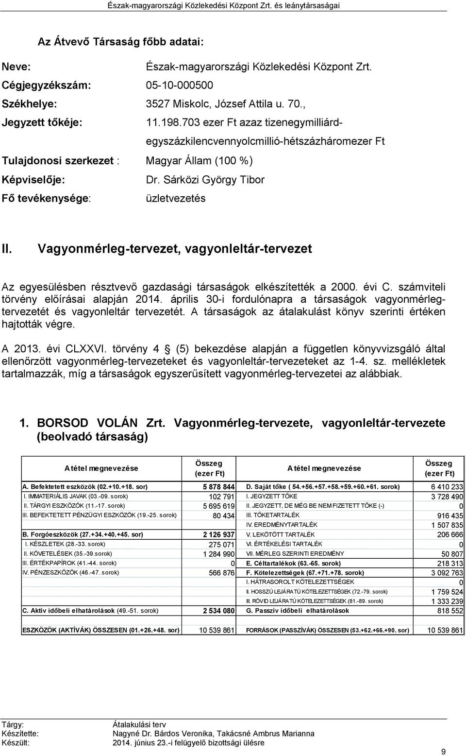 Vagyonmérleg-tervezet, vagyonleltár-tervezet Az egyesülésben résztvevő gazdasági társaságok elkészítették a 2000. évi C. számviteli törvény előírásai alapján 2014.