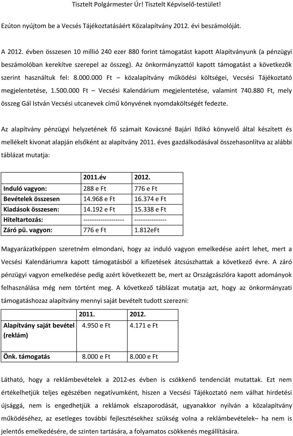Az önkormányzattól kapott támogatást a következők szerint használtuk fel: 8.000.000 Ft közalapítvány működési költségei, Vecsési Tájékoztató megjelentetése, 1.500.