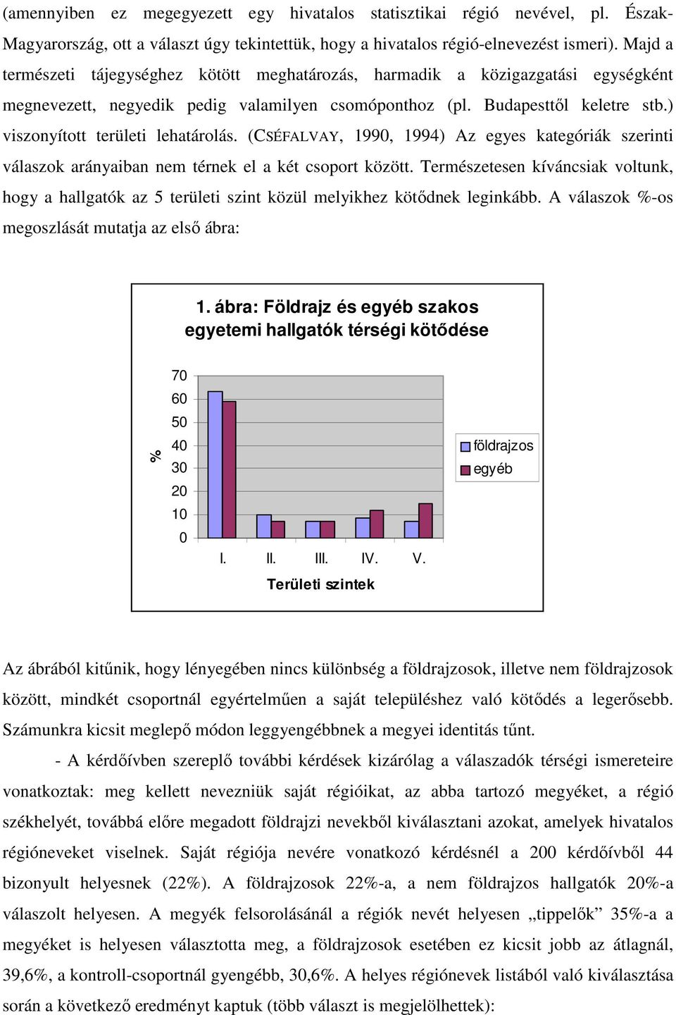 ) viszonyított területi lehatárolás. (CSÉFALVAY, 1990, 1994) Az egyes kategóriák szerinti válaszok arányaiban nem térnek el a két csoport között.