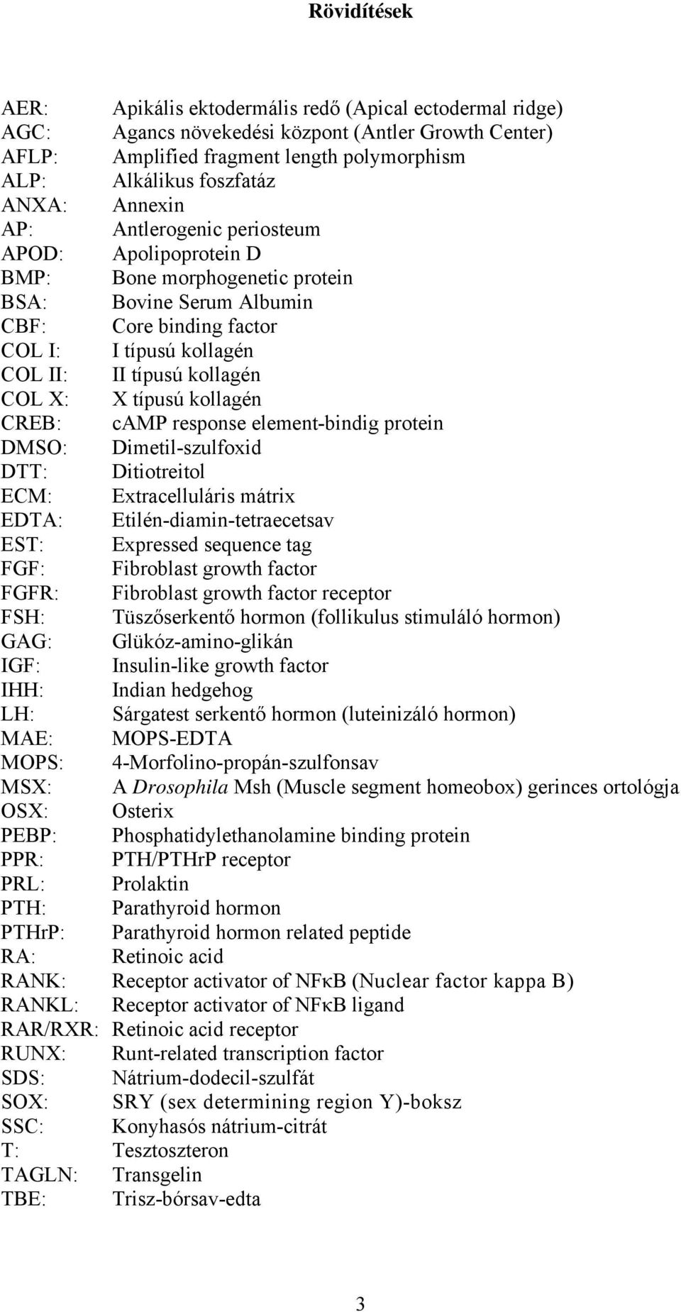 X: X típusú kollagén CREB: camp response element-bindig protein DMSO: Dimetil-szulfoxid DTT: Ditiotreitol ECM: Extracelluláris mátrix EDTA: Etilén-diamin-tetraecetsav EST: Expressed sequence tag FGF:
