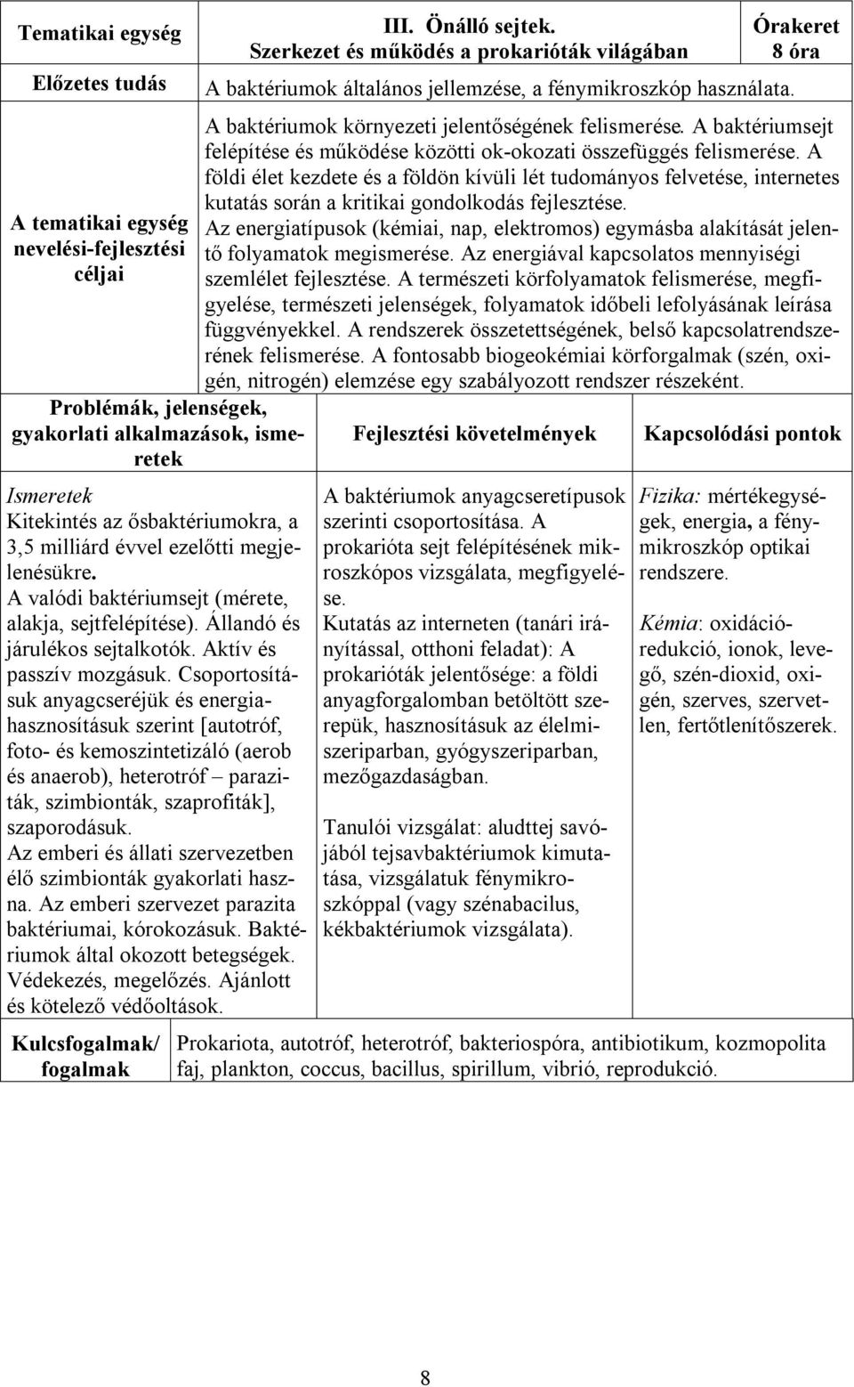 Csoportosításuk anyagcseréjük és energiahasznosításuk szerint [autotróf, foto- és kemoszintetizáló (aerob és anaerob), heterotróf paraziták, szimbionták, szaprofiták], szaporodásuk.