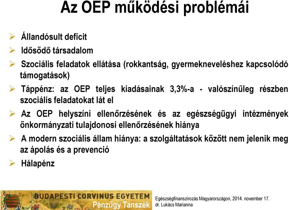 szociális feladatokat lát el Az OEP helyszíni ellenőrzésének és az egészségügyi intézmények önkormányzati