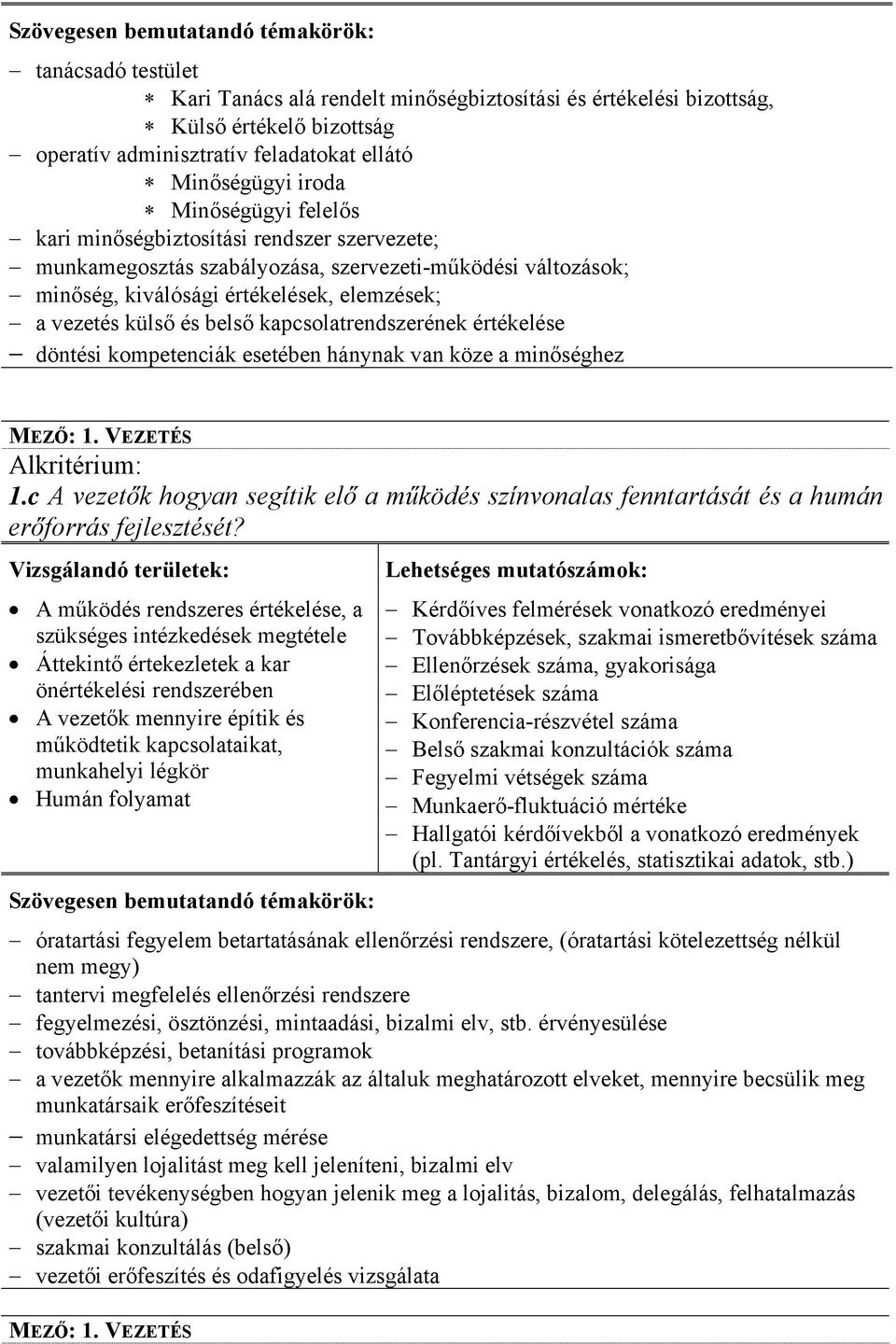 értékelése döntési kompetenciák esetében hánynak van köze a minőséghez MEZŐ: 1. VEZETÉS 1.c A vezetők hogyan segítik elő a működés színvonalas fenntartását és a humán erőforrás fejlesztését?