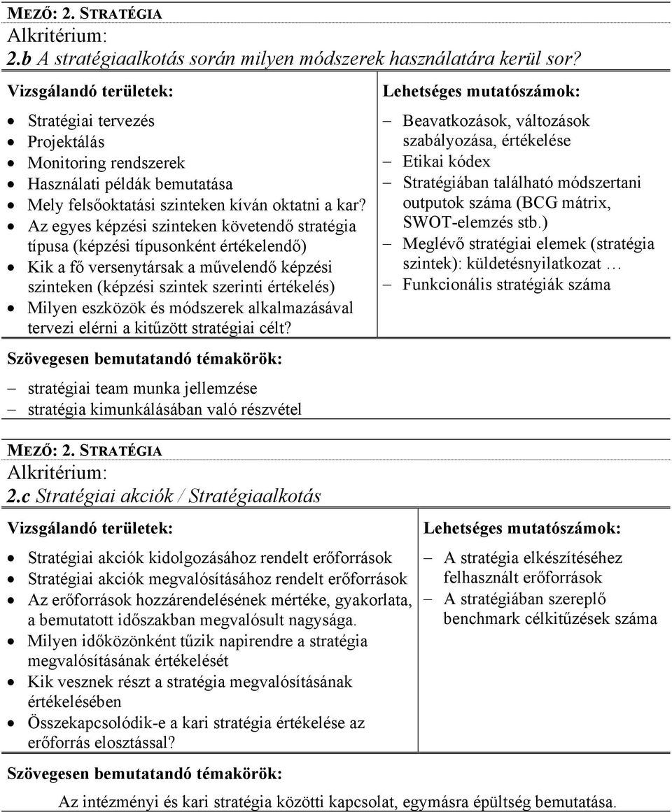 Az egyes képzési szinteken követendő stratégia típusa (képzési típusonként értékelendő) Kik a fő versenytársak a művelendő képzési szinteken (képzési szintek szerinti értékelés) Milyen eszközök és