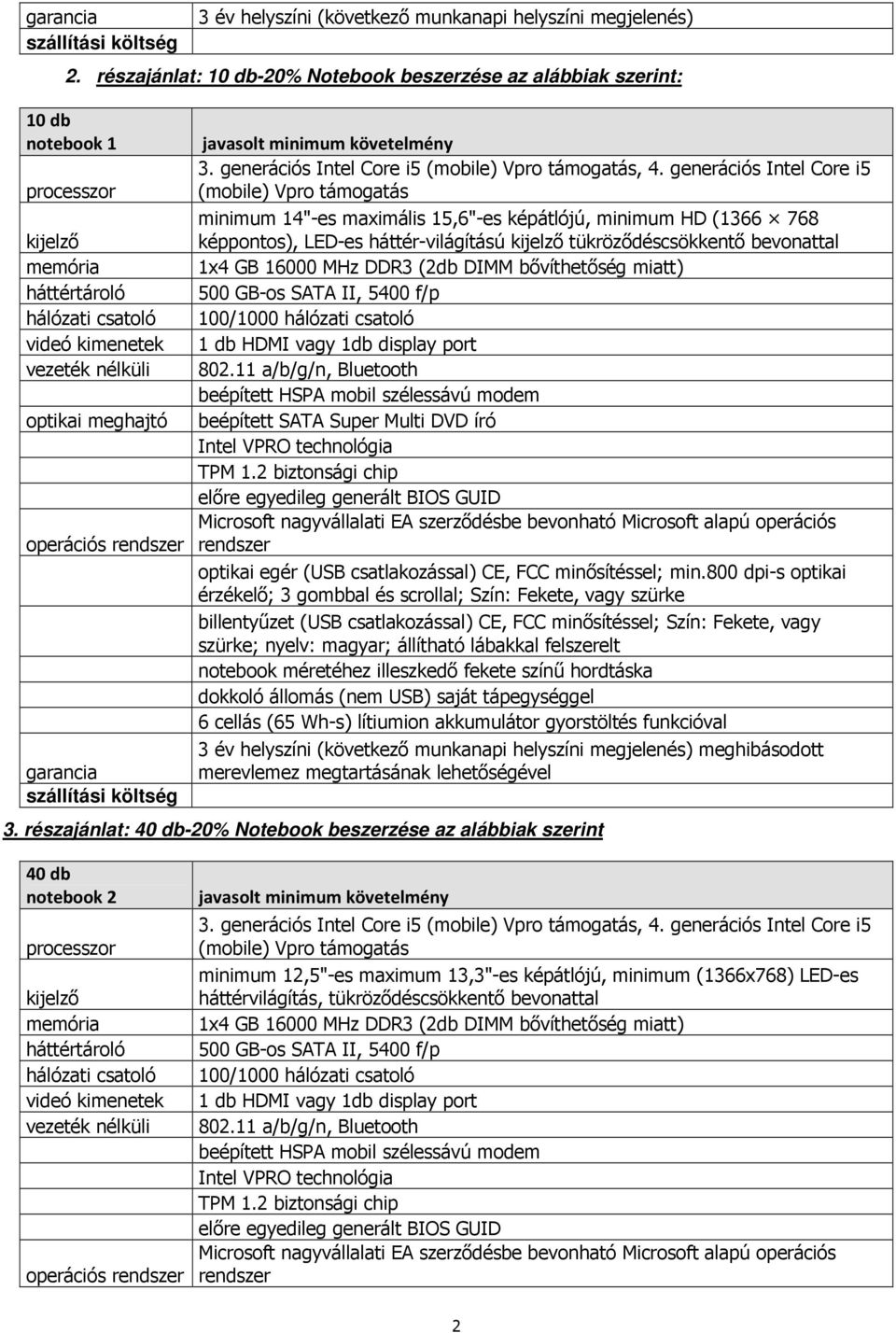 generációs Intel Core i5 processzor (mobile) Vpro támogatás minimum 14"-es maximális 15,6"-es képátlójú, minimum HD (1366 768 kijelző képpontos), LED-es háttér-világítású kijelző tükröződéscsökkentő