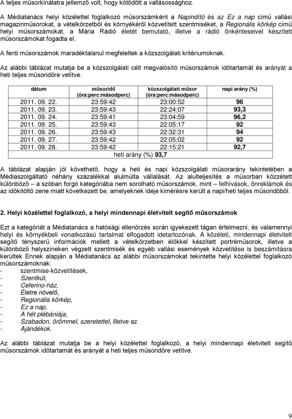 helyi műsorszámokat, a Mária Rádió életét bemutató, illetve a rádió önkénteseivel készített műsorszámokat fogadta el. A fenti műsorszámok maradéktalanul megfeleltek a közszolgálati kritériumoknak.