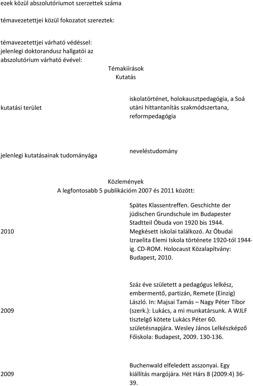 5 publikációm 2007 és 2011 között: 2010 Spätes Klassentreffen. Geschichte der jüdischen Grundschule im Budapester Stadtteil Óbuda von 1920 bis 1944. Megkésett iskolai találkozó.