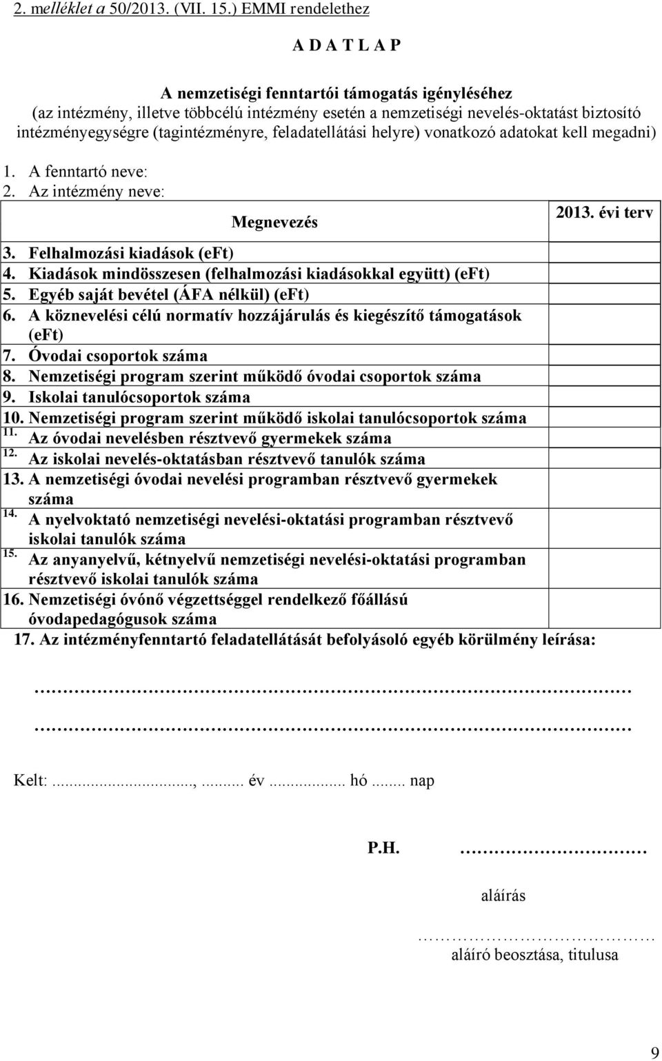 (tagintézményre, feladatellátási helyre) vonatkozó adatokat kell megadni) 1. A fenntartó neve: 2. Az intézmény neve: Megnevezés 3. Felhalmozási kiadások (eft) 4.