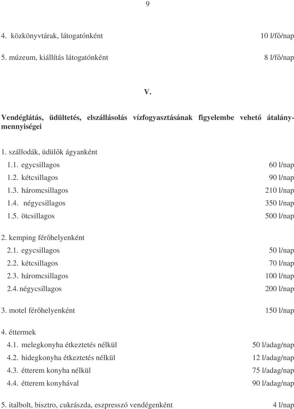 1. egycsillagos 50 l/nap 2.2. kétcsillagos 70 l/nap 2.3. háromcsillagos 100 l/nap 2.4. négycsillagos 200 l/nap 3. motel férhelyenként 150 l/nap 4. éttermek 4.1. melegkonyha étkeztetés nélkül 50 l/adag/nap 4.