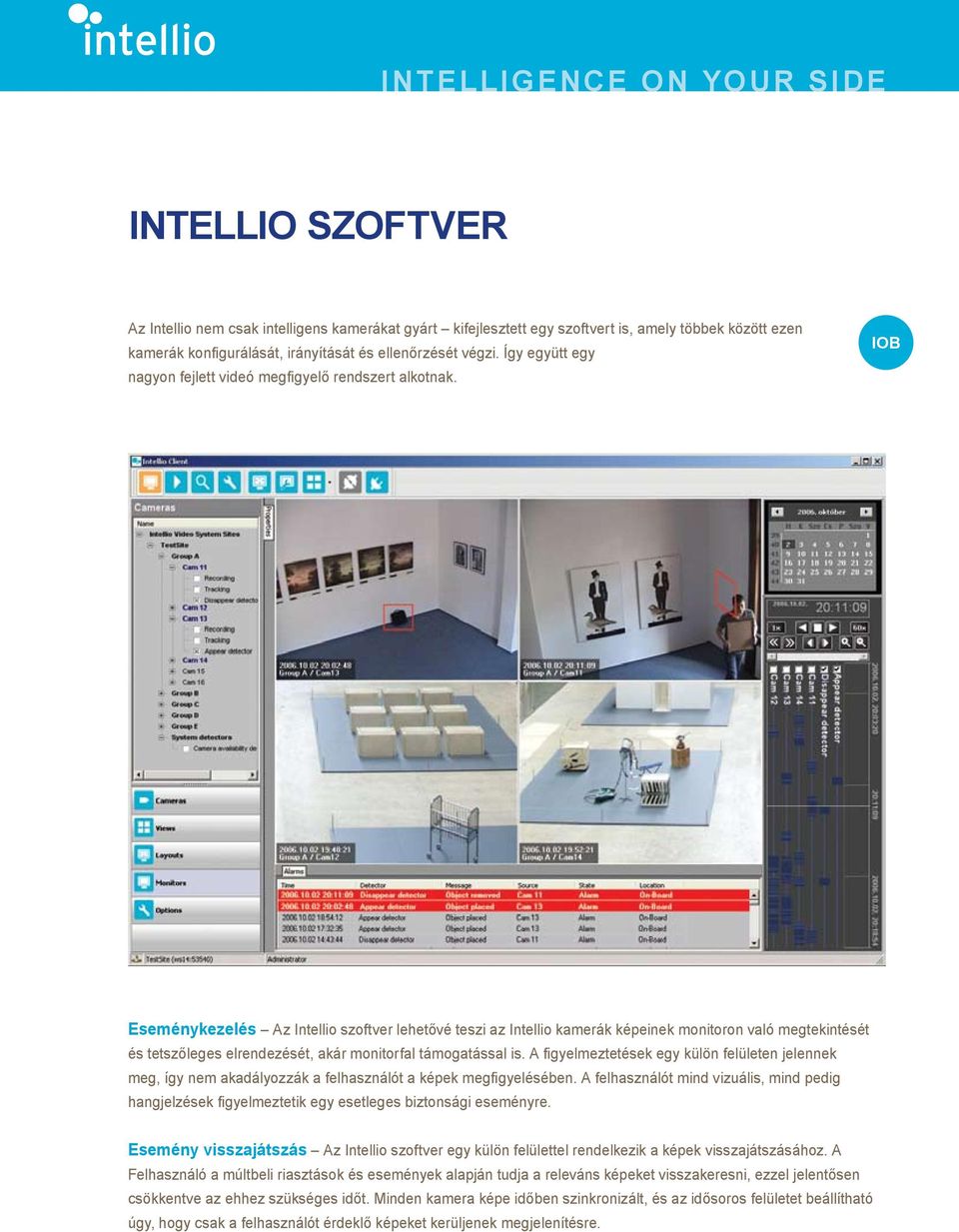 Eseménykezelés Az Intellio szoftver lehetővé teszi az Intellio kamerák képeinek monitoron való megtekintését és tetszőleges elrendezését, akár monitorfal támogatással is.
