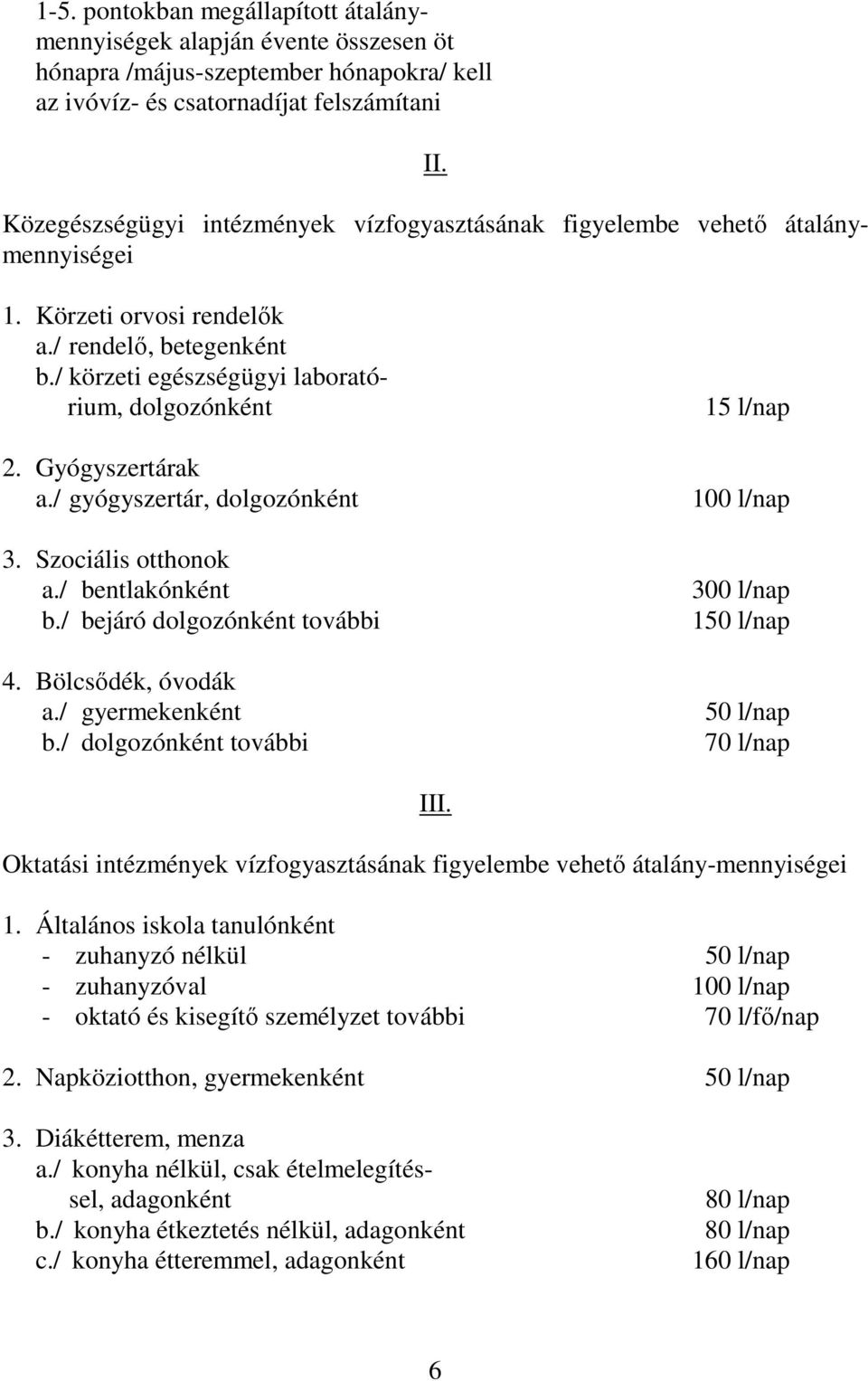 Gyógyszertárak a./ gyógyszertár, dolgozónként 3. Szociális otthonok a./ bentlakónként b./ bejáró dolgozónként további 4. Bölcsődék, óvodák a./ gyermekenként b.