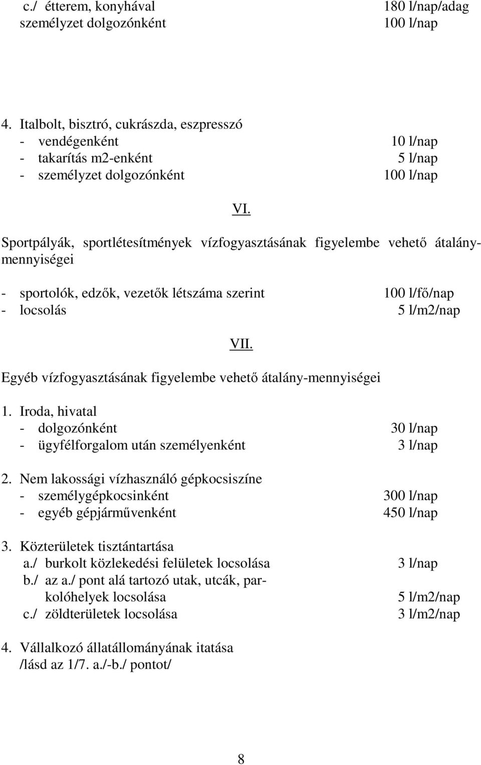 Sportpályák, sportlétesítmények vízfogyasztásának figyelembe vehető átalánymennyiségei - sportolók, edzők, vezetők létszáma szerint 100 l/fő/nap - locsolás 5 l/m2/nap VII.