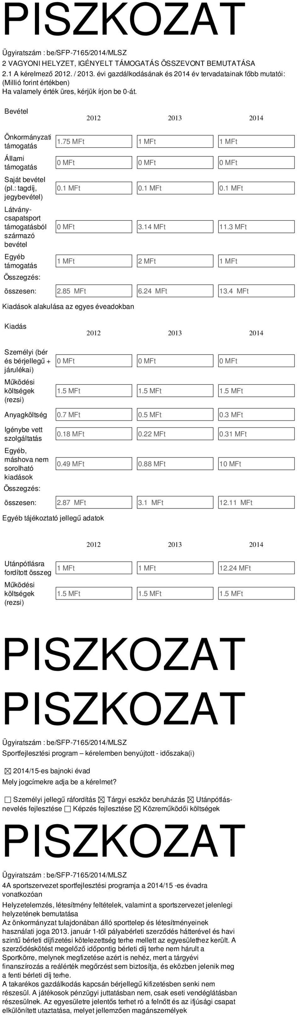 : tagdíj, jegybevétel) Látványcapatport támogatából zármazó bevétel Egyéb támogatá Özegzé: 2012 2013 2014 1.75 MFt 1 MFt 1 MFt 0 MFt 0 MFt 0 MFt 0.1 MFt 0.1 MFt 0.1 MFt 0 MFt 3.14 MFt 11.