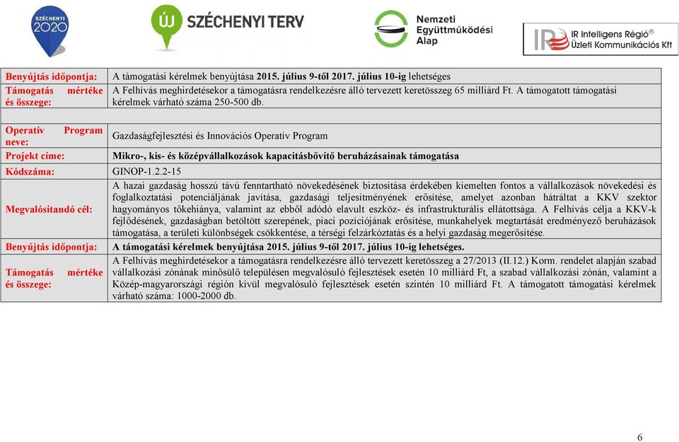 0-500 db. Gazdaságfejlesztési és Innovációs Mikro-, kis- és középvállalkozások kapacitásbővítő beruházásainak támogatása GINOP-1.2.