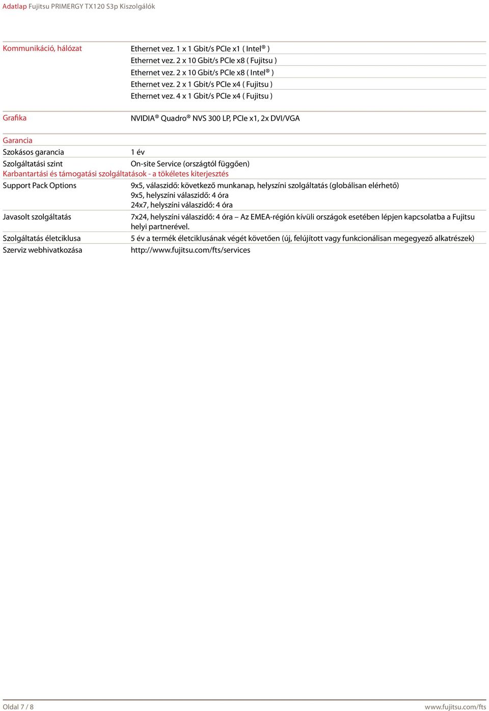4 x 1 Gbit/s PCIe x4 ( Fujitsu ) Grafika NVIDIA Quadro NVS 300 LP, PCIe x1, 2x DVI/VGA Garancia Szokásos garancia 1 év Szolgáltatási szint On-site Service (országtól függően) Karbantartási és