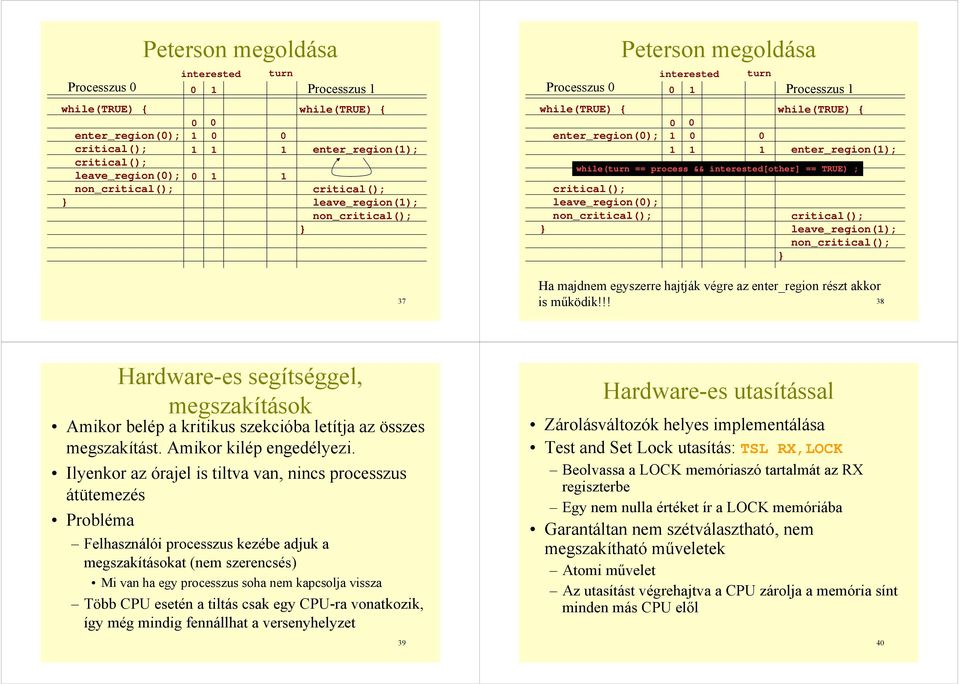 egyszerre hajtják végre az enter_region részt akkor is működik!!! 38 Hardware-es segítséggel, megszakítások Amikor belép a kritikus szekcióba letítja az összes megszakítást. Amikor kilép engedélyezi.