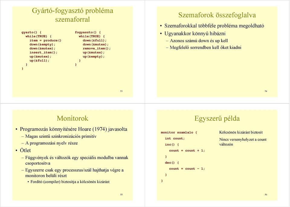 példa Programozás könnyítésére Hoare (1974) javasolta Magas szintű szinkronizációs primitív A programozási nyelv része Ötlet Függvények és változók egy speciális modulba vannak csoportosítva