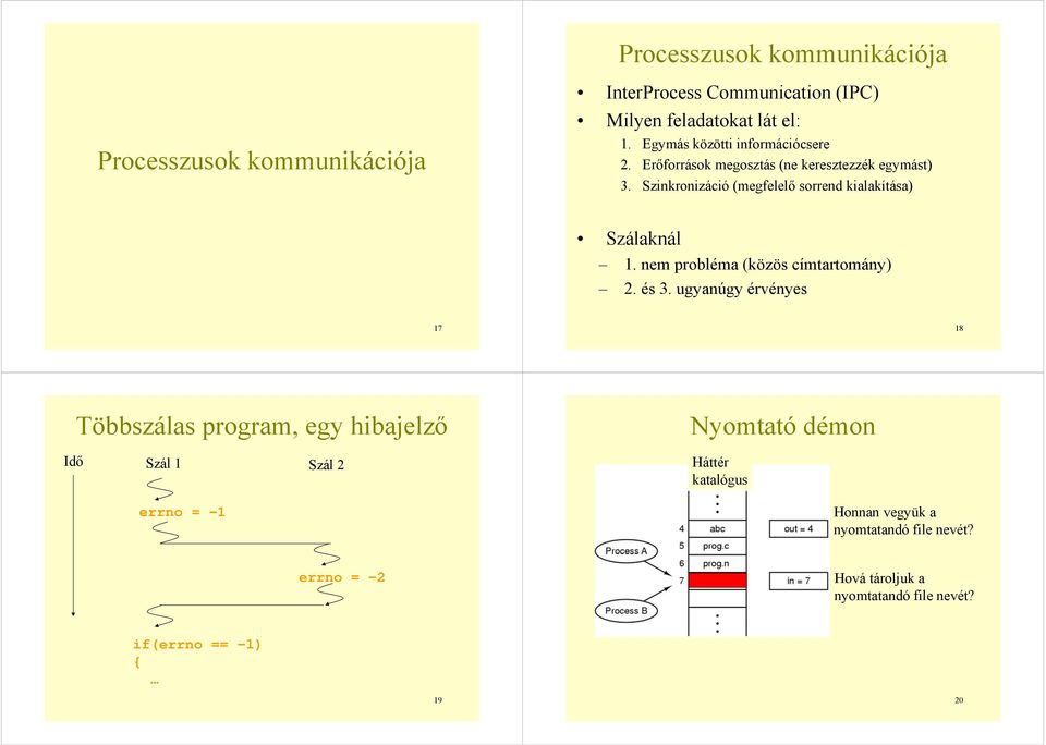 Szinkronizáció (megfelelő sorrend kialakítása) Szálaknál 1. nem probléma (közös címtartomány) 2. és 3.