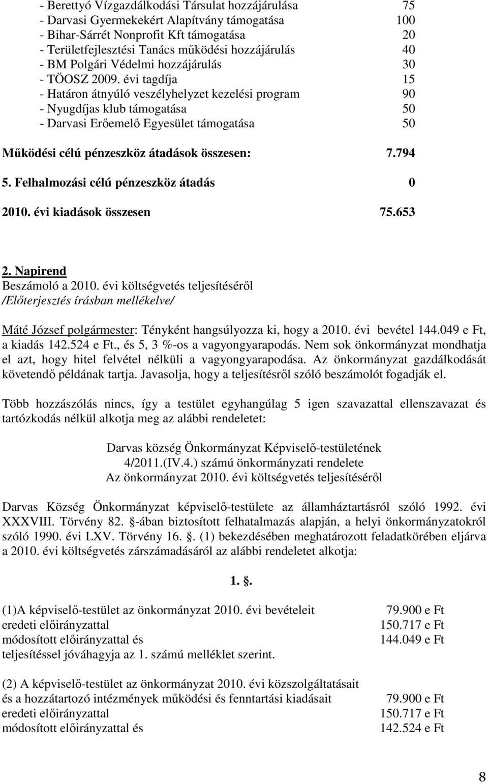 évi tagdíja 15 - Határon átnyúló veszélyhelyzet kezelési program 90 - Nyugdíjas klub támogatása 50 - Darvasi Erıemelı Egyesület támogatása 50 Mőködési célú pénzeszköz átadások összesen: 7.794 5.