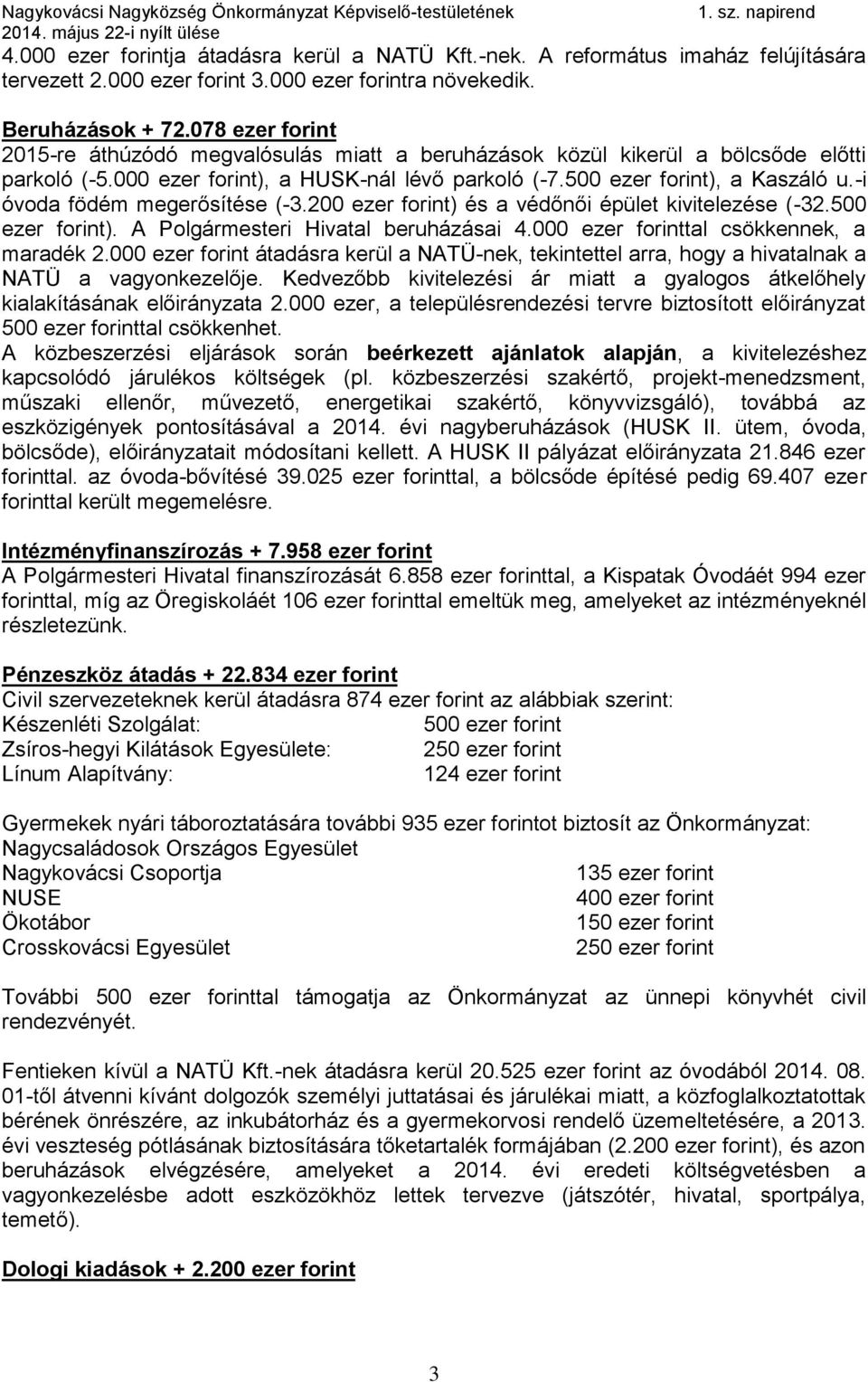 -i óvoda födém megerősítése (-3.200 ezer forint) és a védőnői épület kivitelezése (-32.500 ezer forint). A Polgármesteri Hivatal beruházásai 4.000 ezer forinttal csökkennek, a maradék 2.