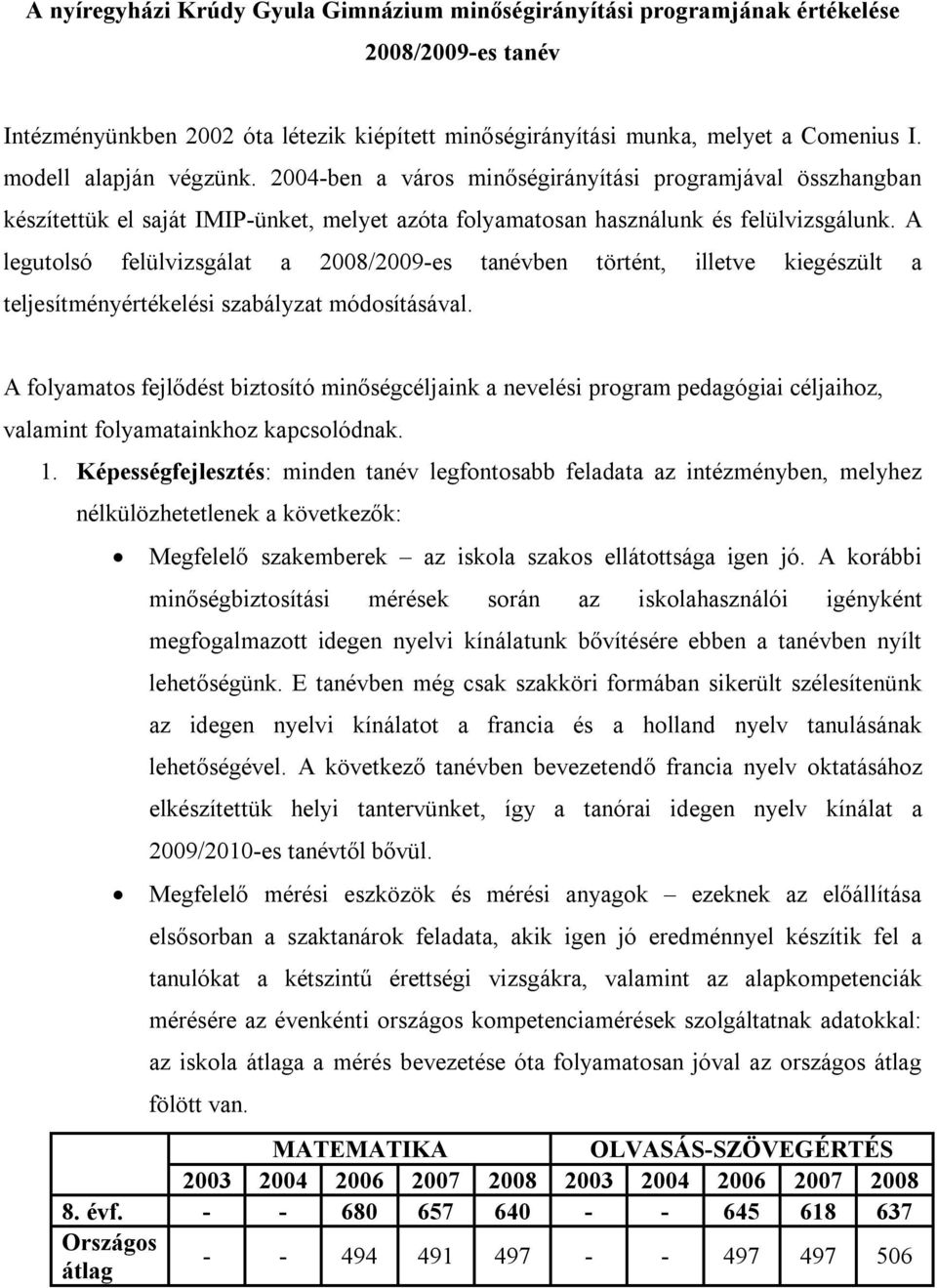 A legutolsó felülvizsgálat a 2008/2009-es tanévben történt, illetve kiegészült a teljesítményértékelési szabályzat módosításával.