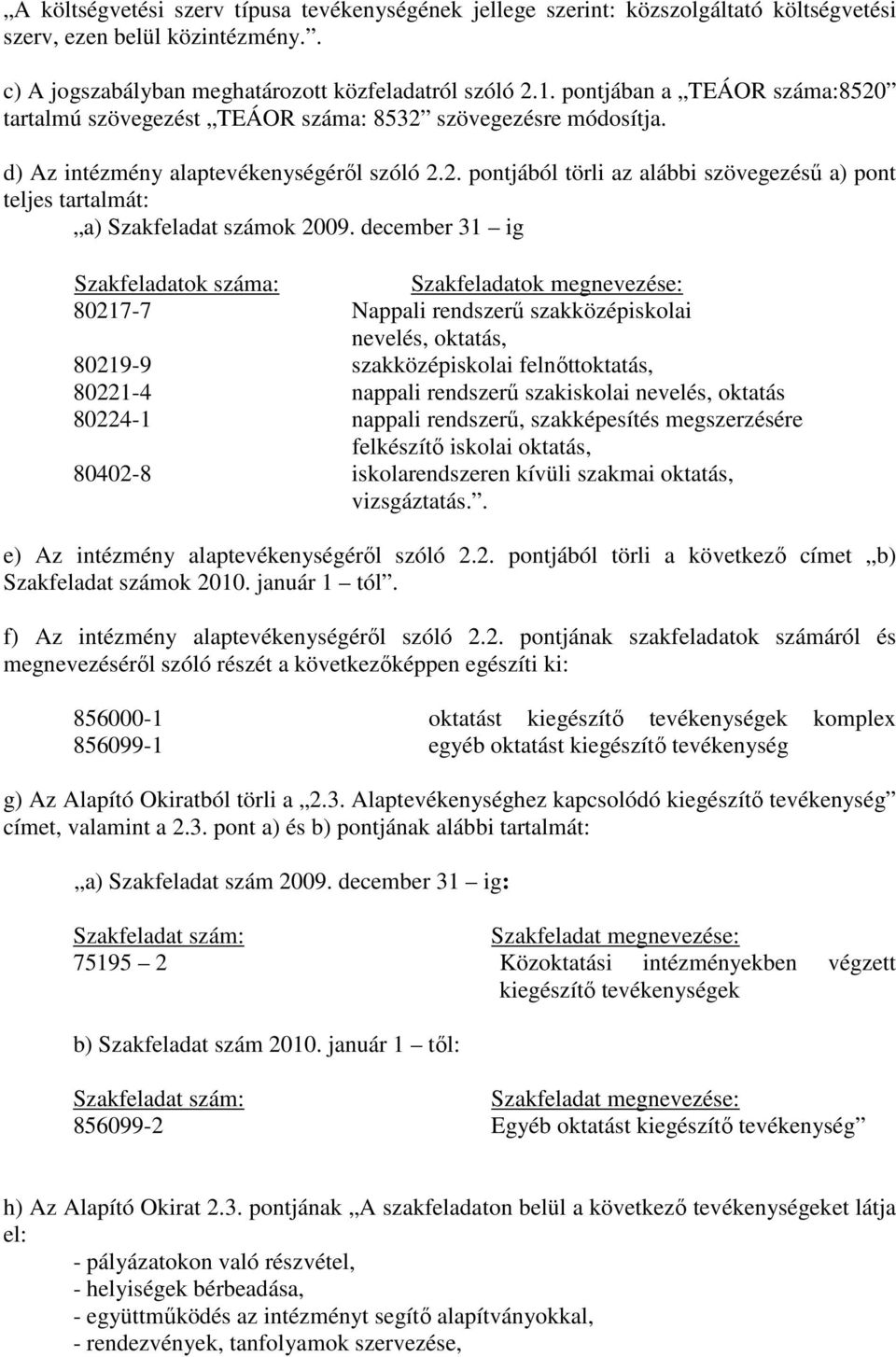 december 31 ig Szakfeladatok száma: Szakfeladatok megnevezése: 80217-7 Nappali rendszerű szakközépiskolai nevelés, oktatás, 80219-9 szakközépiskolai felnőttoktatás, 80221-4 nappali rendszerű