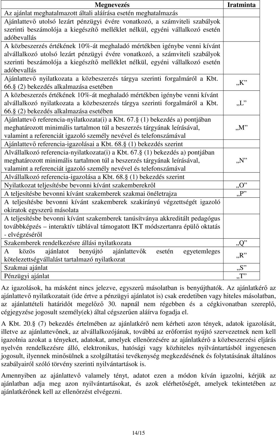 szerinti beszámolója a kiegészítő melléklet nélkül, egyéni vállalkozó esetén adóbevallás Ajánlattevő nyilatkozata a közbeszerzés tárgya szerinti forgalmáról a Kbt. 66.