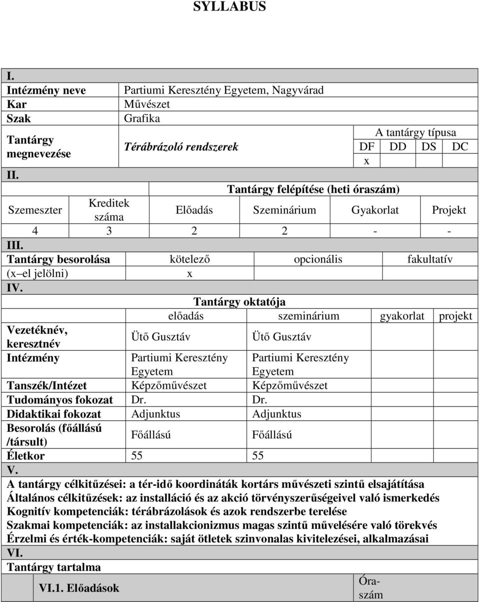 Tantárgy oktatója előadás szeminárium gyakorlat projekt Vezetéknév, keresztnév Intézmény Ütő Gusztáv Ütő Gusztáv Partiumi Keresztény Egyetem Tanszék/Intézet Képzőművészet Képzőművészet Tudományos