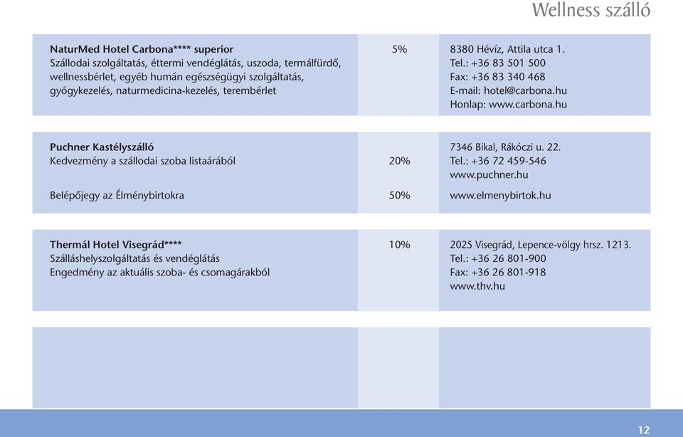 carbona.hu Puchner Kastélyszálló 7346 Bikal, Rákóczi u. 22. Kedvezmény a szállodai szoba listaárából 20% Tel.: +36 72 459-546 www.puchner.hu Belépôjegy az Élménybirtokra 50% www.