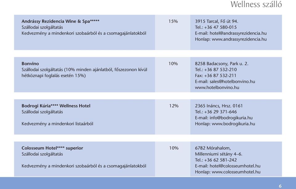 Szállodai szolgáltatás (10% minden ajánlatból, fôszezonon kívül Tel.: +36 87 532-210 hétköznapi foglalás esetén 15%) Fax: +36 87 532-211 E-mail: sales@hotelbonvino.