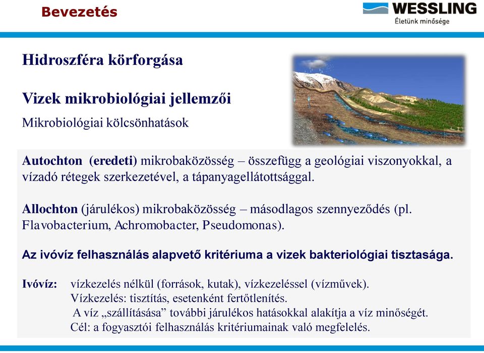 Az ivóvíz felhasználás alapvető kritériuma a vizek bakteriológiai tisztasága. Ivóvíz: vízkezelés nélkül (források, kutak), vízkezeléssel (vízművek).