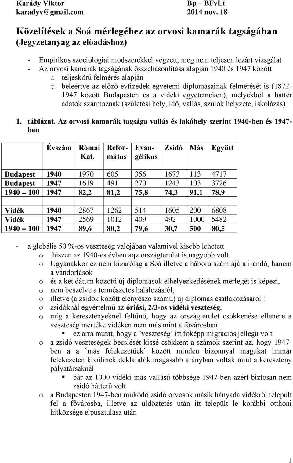 tagságának összehasonlítása alapján 1940 és 1947 között o teljeskörű felmérés alapján o beleértve az előző évtizedek egyetemi diplomásainak felmérését is (1872-1947 között Budapesten és a vidéki