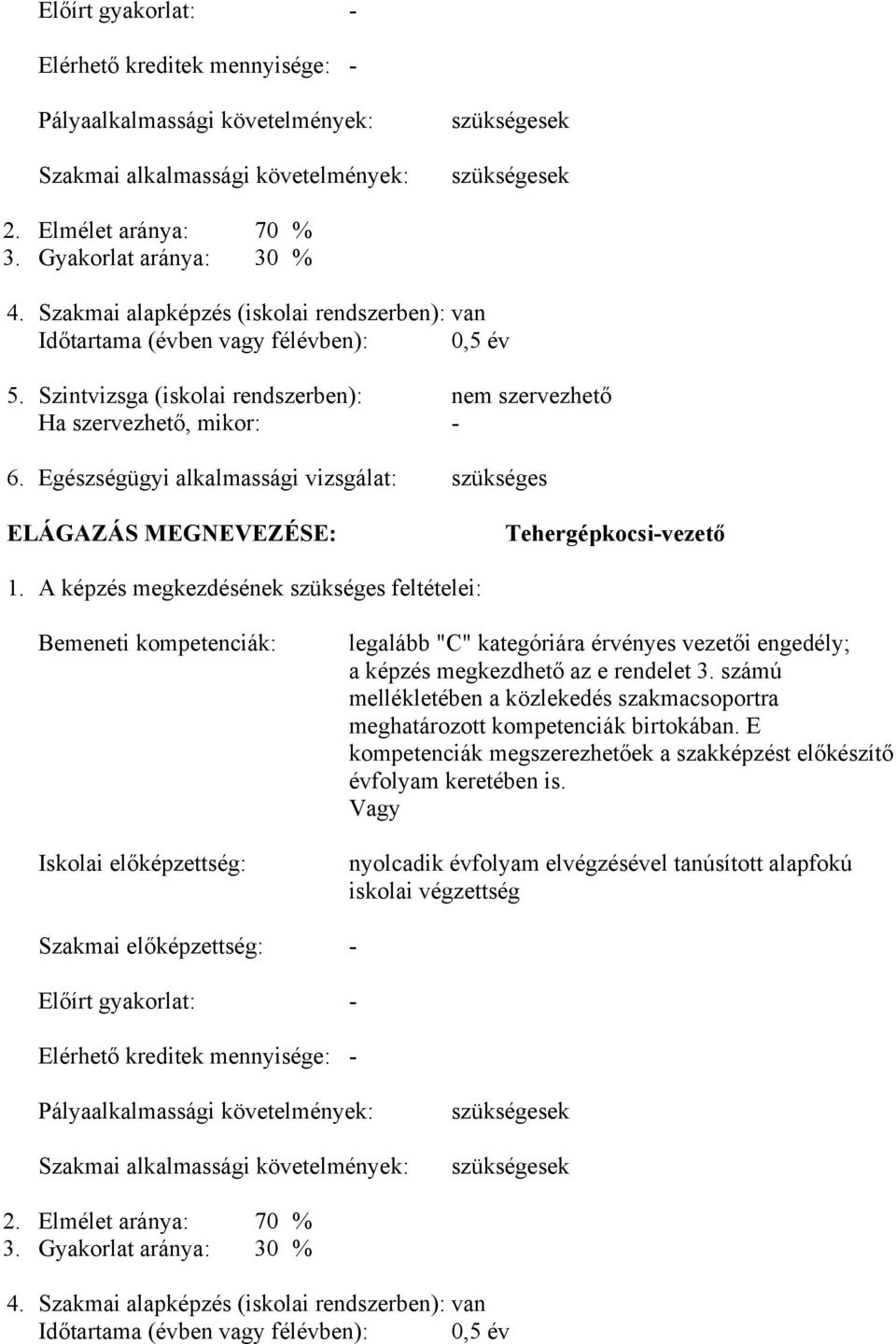 Egészségügyi alkalmassági vizsgálat: szükséges ELÁGAZÁS MEGNEVEZÉSE: Tehergépkocsi-vezető 1.