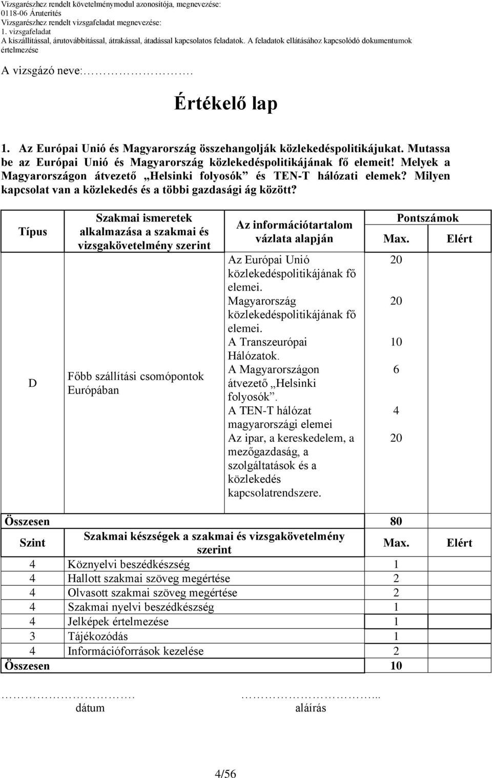 Típus D Szakmai ismeretek alkalmazása a szakmai és vizsgakövetelmény szerint Főbb szállítási csomópontok Európában Az információtartalom vázlata alapján Az Európai Unió közlekedéspolitikájának fő