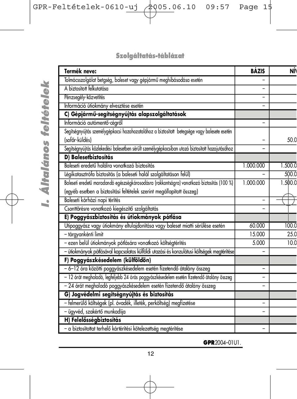 C) Gépjármû-segítségnyújtás alapszolgáltatások Információ autómentô-cégrôl Segítségnyújtás személygépkocsi hazahozatalához a biztosított betegsége vagy balesete esetén (sofôr-küldés) 50.
