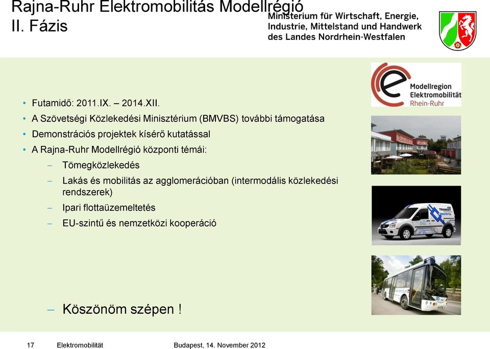 Rajna-Ruhr Modellrégió központi témái: Tömegközlekedés Lakás és mobilitás az agglomerációban (intermodális