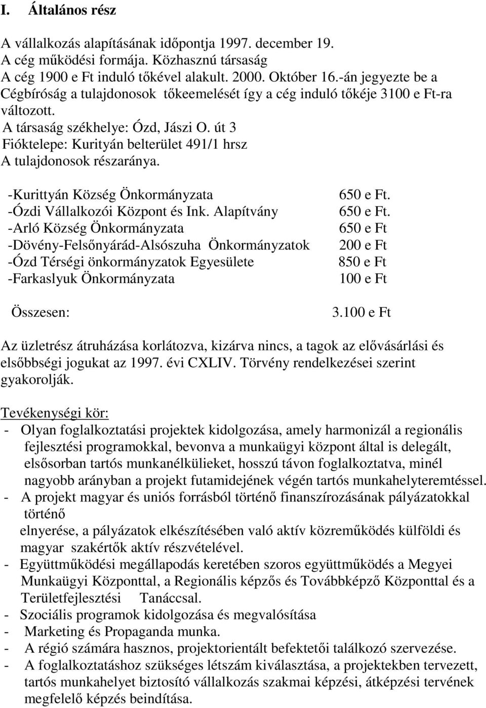 út 3 Fióktelepe: Kurityán belterület 491/1 hrsz A tulajdonosok részaránya. -Kurittyán Község Önkormányzata -Ózdi Vállalkozói Központ és Ink.