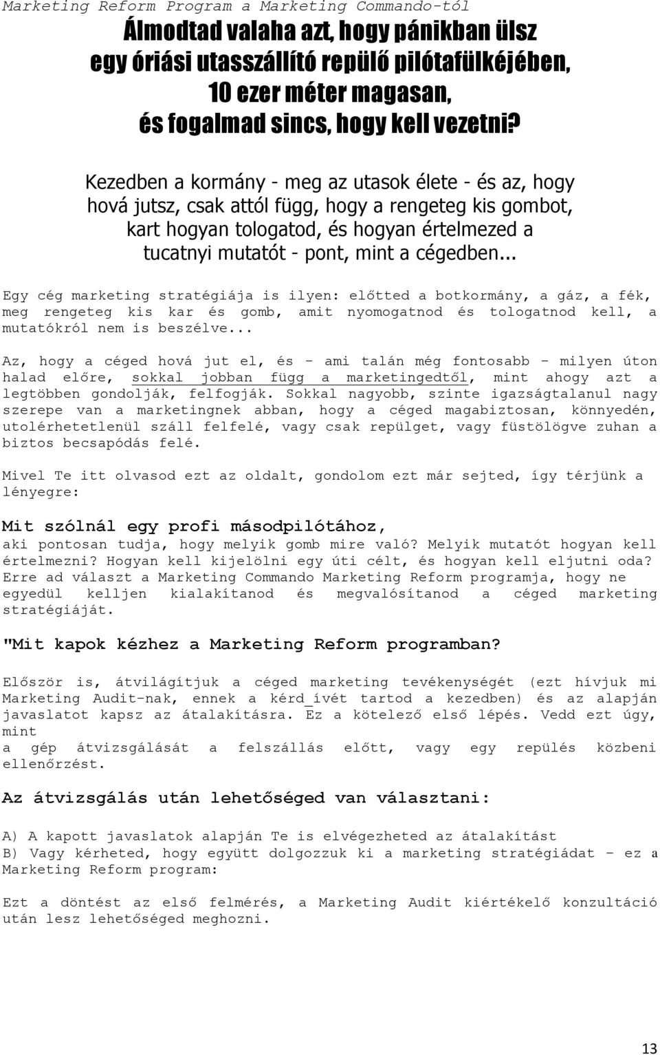 .. Egy cég marketing stratégiája is ilyen: előtted a botkormány, a gáz, a fék, meg rengeteg kis kar és gomb, amit nyomogatnod és tologatnod kell, a mutatókról nem is beszélve.